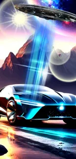 Futuristic car and UFO in a colorful sci-fi landscape.