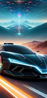 Futuristic car races under a hovering UFO.