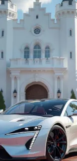Futuristic car parked in front of an elegant white mansion.