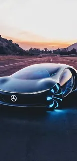 Futuristic car glowing in dark with a sunset backdrop.