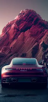 Futuristic car with red mountain backdrop at sunset.