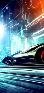 Futuristic car in neon-lit cityscape, vibrant blue tones.