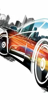 Dynamic car and cityscape digital art wallpaper.