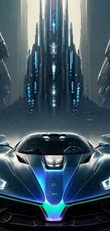 Futuristic car in a sci-fi cityscape with neon lights.