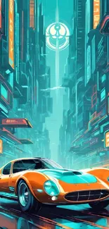 Orange car in a futuristic neon city at night.