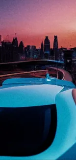 Futuristic blue car in neon cityscape at sunset.