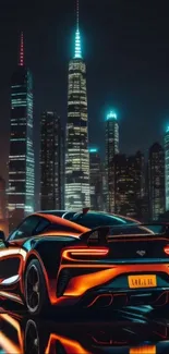 Futuristic sports car under city lights at night.