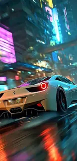 Futuristic sports car in neon cityscape at night.