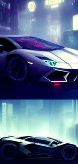 Futuristic sports car in neon cityscape wallpaper.