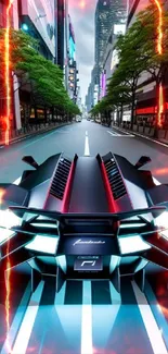 Futuristic car driving through neon-lit city streets.