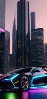 Futuristic neon-lit sports car in a cityscape.