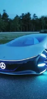 Futuristic car with neon blue accents in forest.