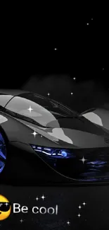 Sleek black car with blue accents on a futuristic background.