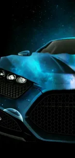 Futuristic car in cosmic blue theme with galaxy background.