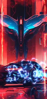 Futuristic cyberpunk car under neon lights in a sci-fi setting.