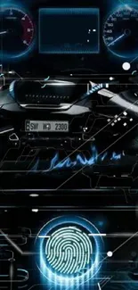 Futuristic car dashboard with neon blue accents.