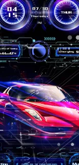 Futuristic car dashboard with digital displays and red sports car.