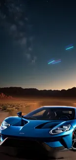 Futuristic blue sports car in desert night scene with glowing lights.