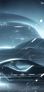 Futuristic car with glowing effects on a dark blue background wallpaper.