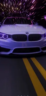 Futuristic car driving with neon lights at night.