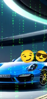 Futuristic car with emojis and matrix background mobile wallpaper.