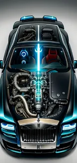 Futuristic automotive engine art with neon accents on a black background.