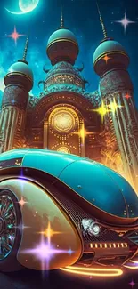 Futuristic car in a fantasy setting with ornate architecture and moonlit sky.