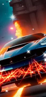 Futuristic car with flames and explosions in background wallpaper.