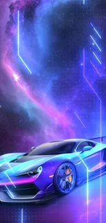 Futuristic sports car under a galaxy night sky with vibrant purple hues.