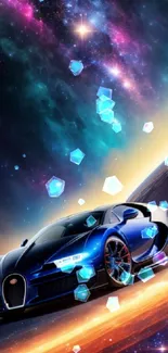 A futuristic sports car racing through a vibrant galaxy background.