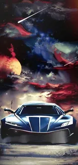 Futuristic car in a cosmic galaxy setting.