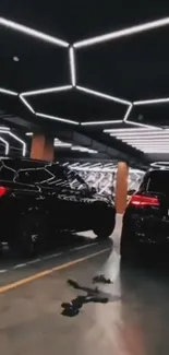 Futuristic car garage with neon lights and luxury vehicles.