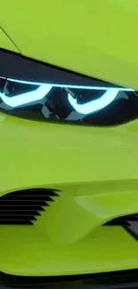 Lime green futuristic car with neon headlights.