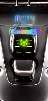 Futuristic car interior with neon Christmas lights.