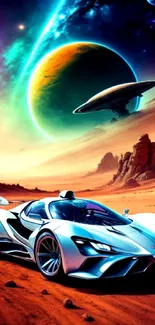 Futuristic car on alien desert beneath cosmic sky.