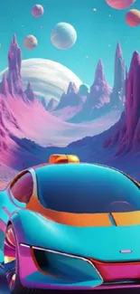 Futuristic car under colorful alien sky