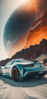 Futuristic car in alien desert landscape with vibrant orange hues.