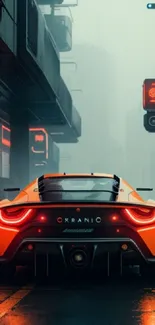 Futuristic car in a misty, neon-lit cityscape.