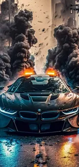 Futuristic car racing through smoky cityscape with dramatic lighting.
