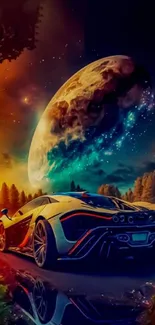 Futuristic car under a cosmic night sky.