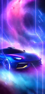 Futuristic car driving through cosmic nebula in vivid colors.