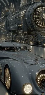 Futuristic car in a cyberpunk cityscape at night.