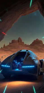 Futuristic car in a desert cave at night, showcasing advanced technology and scenic views.