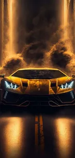 Futuristic sports car in a dramatic dust storm setting at night.