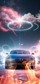 Futuristic car under cosmic skies with fiery elements.