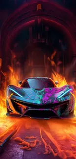 Futuristic car with fiery tunnel background wallpaper.