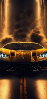 Sleek car in golden smoke emerges dramatically in night scene.