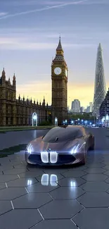 Futuristic car against London skyline with twilight hues.