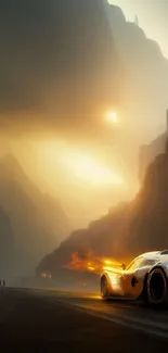 Futuristic car speeding through misty mountain landscape.