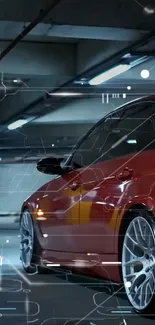 Futuristic red car with digital tech overlay in a garage.